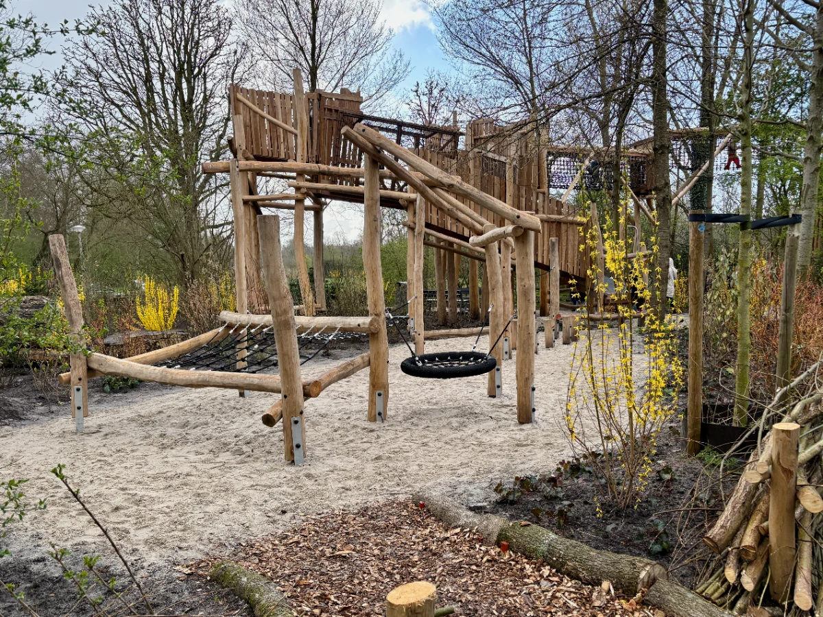 Net obstacle course and nest hammock with large natural climbing structure beyond in a park setting