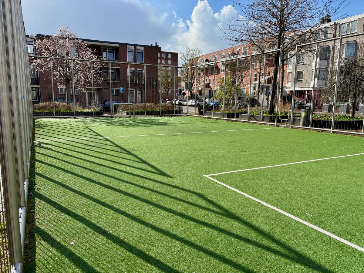 Neighborhood football field on sunny day with residential buildings surrounding