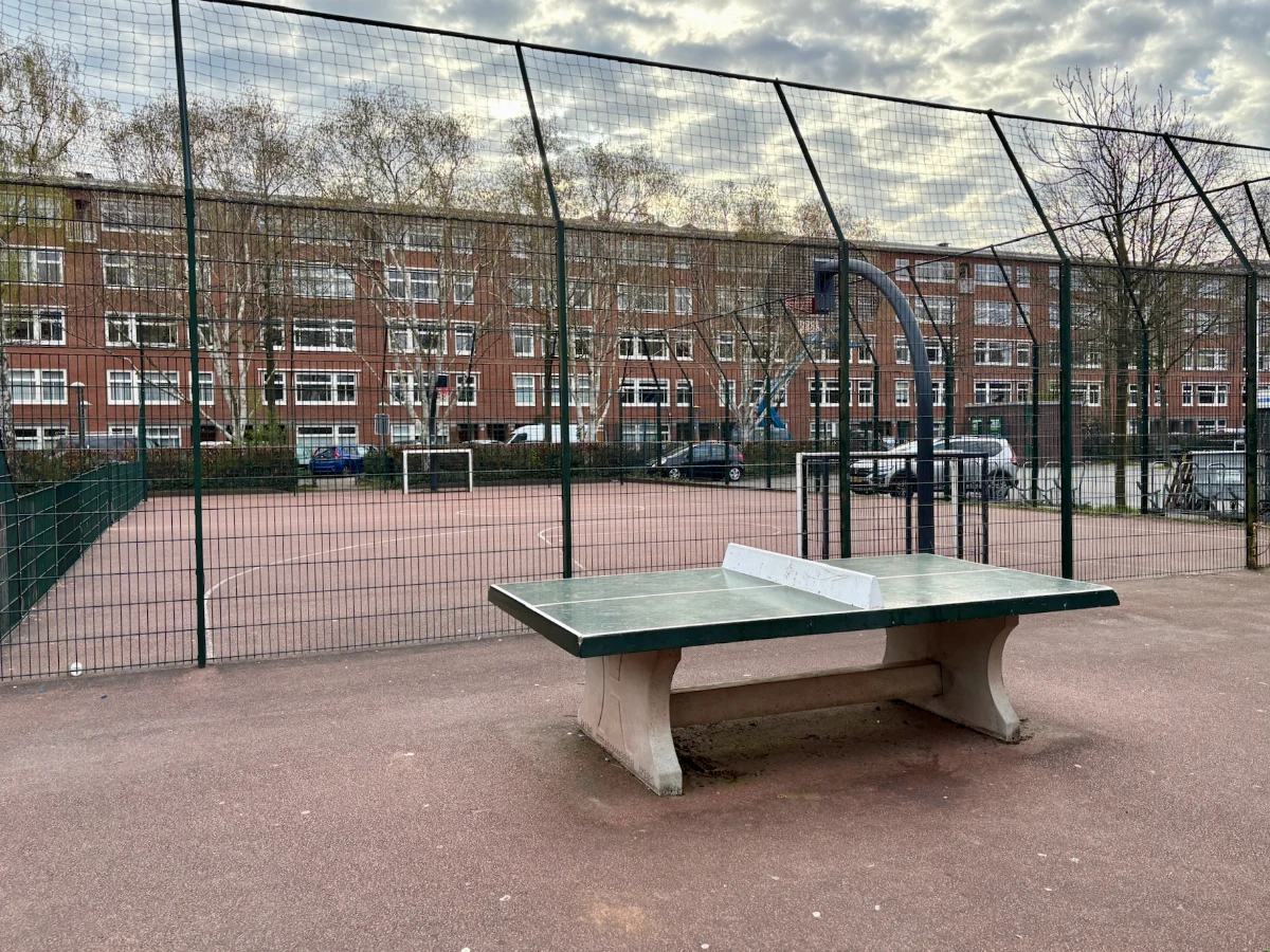Green and concrete table tennis table with enclosed football and basketball pitch behind