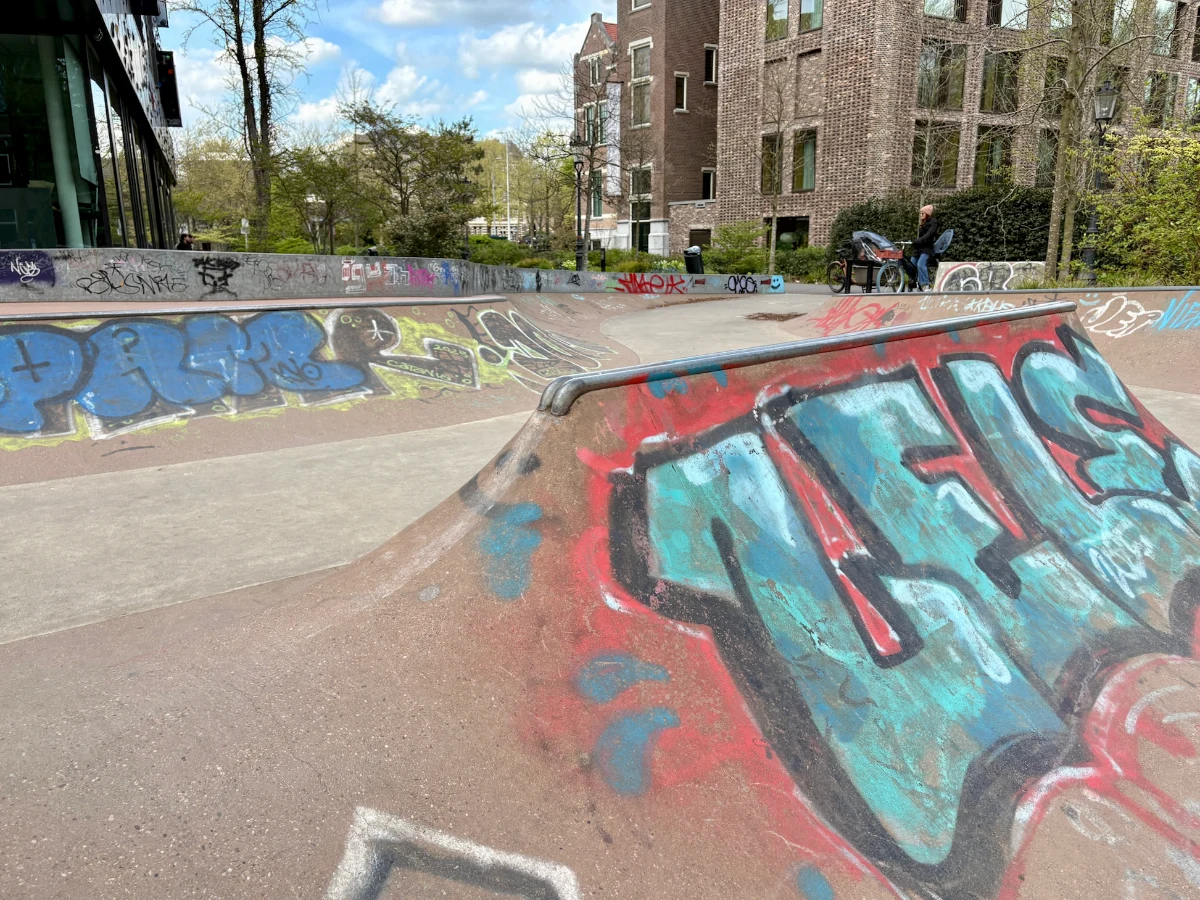 Graffiti-covered spine at skatepark in park setting