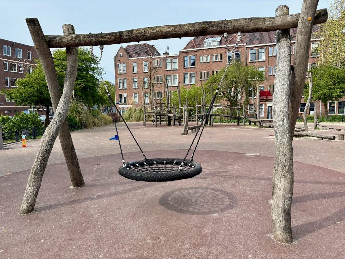 Nest swing on wooden frame on spacious urban playground